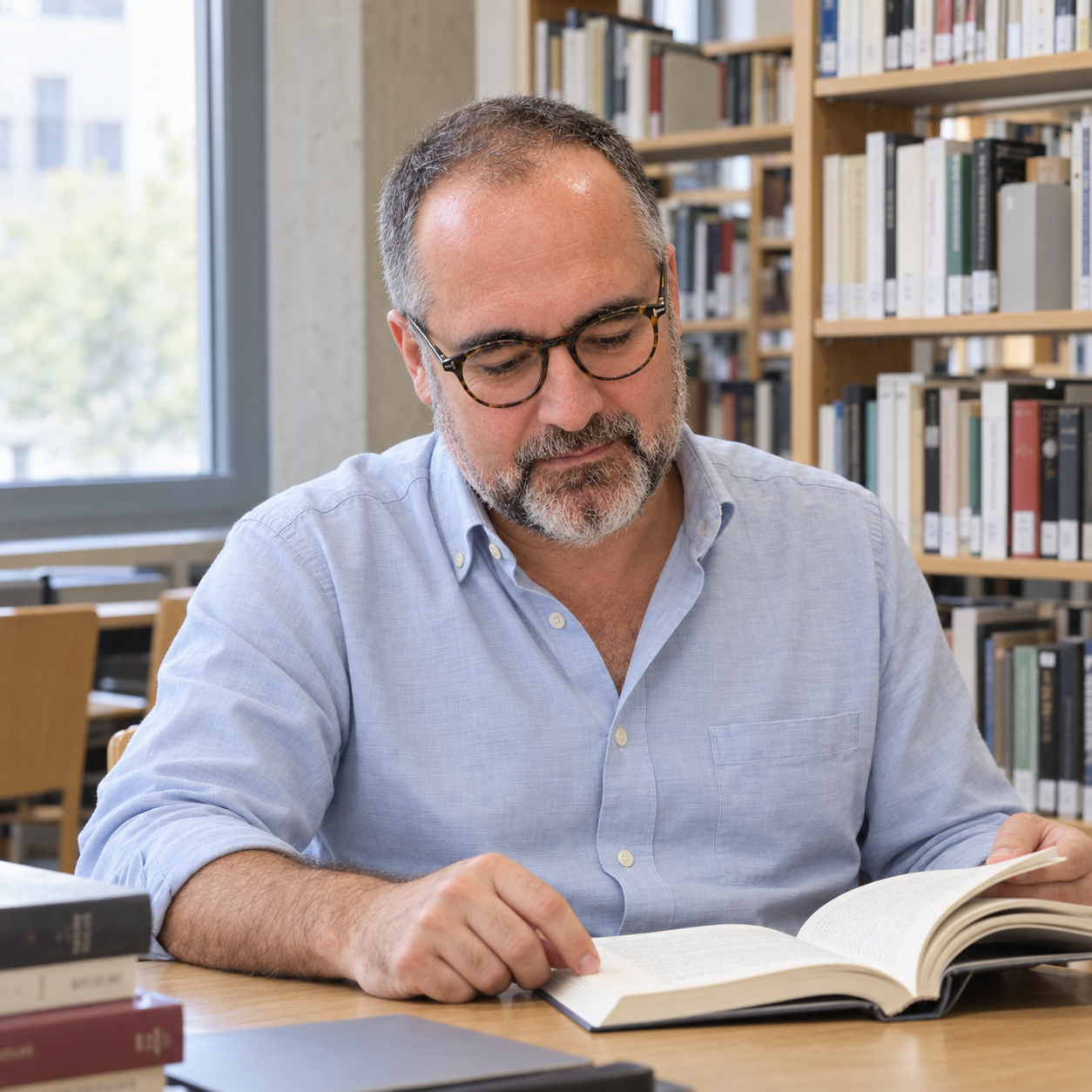 Quim Muñoz leyendo en una biblioteca, imagen creada con IA a partir de su retrato